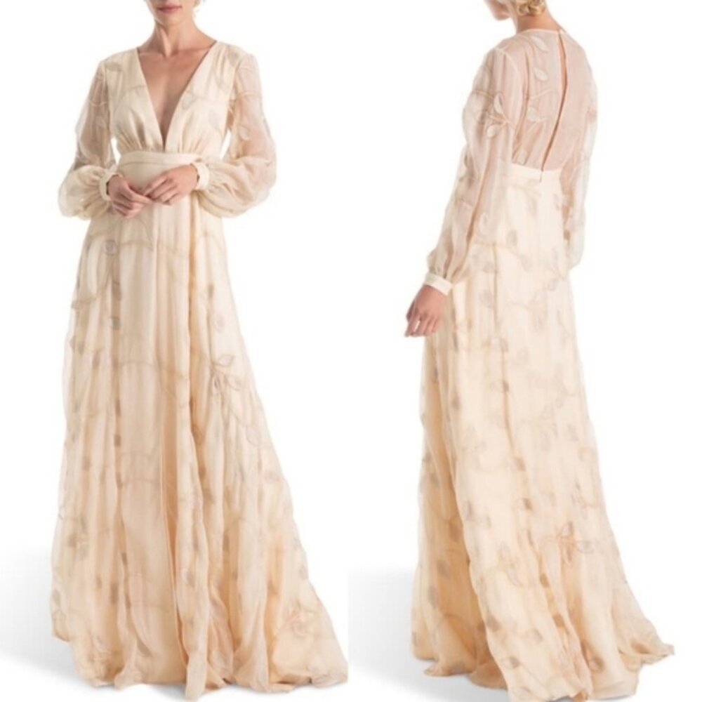 Joanna August Gwen Embroidered Long Sleeve Wedding Dress Cream Silver Size 0